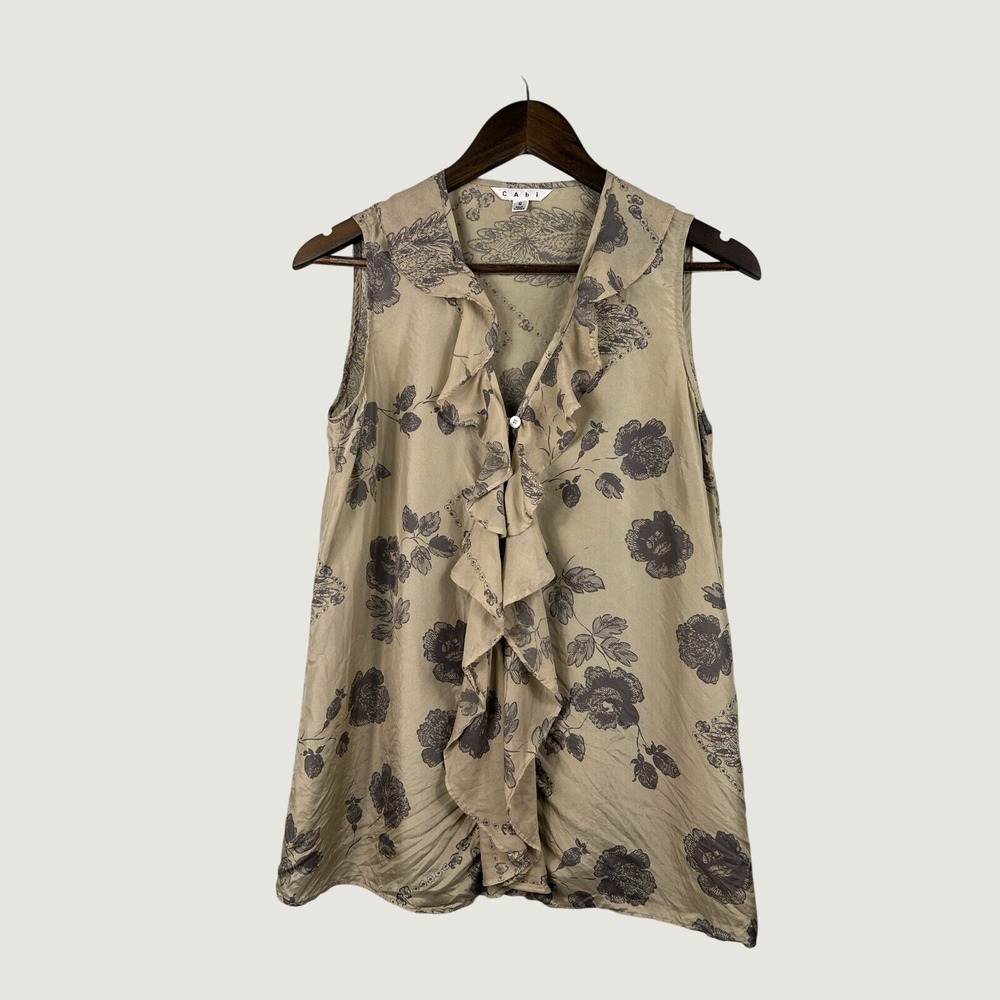 Cabi Top Womens S Tan Floral Ruffle Front 100% Silk Sleeveless Blouse 149